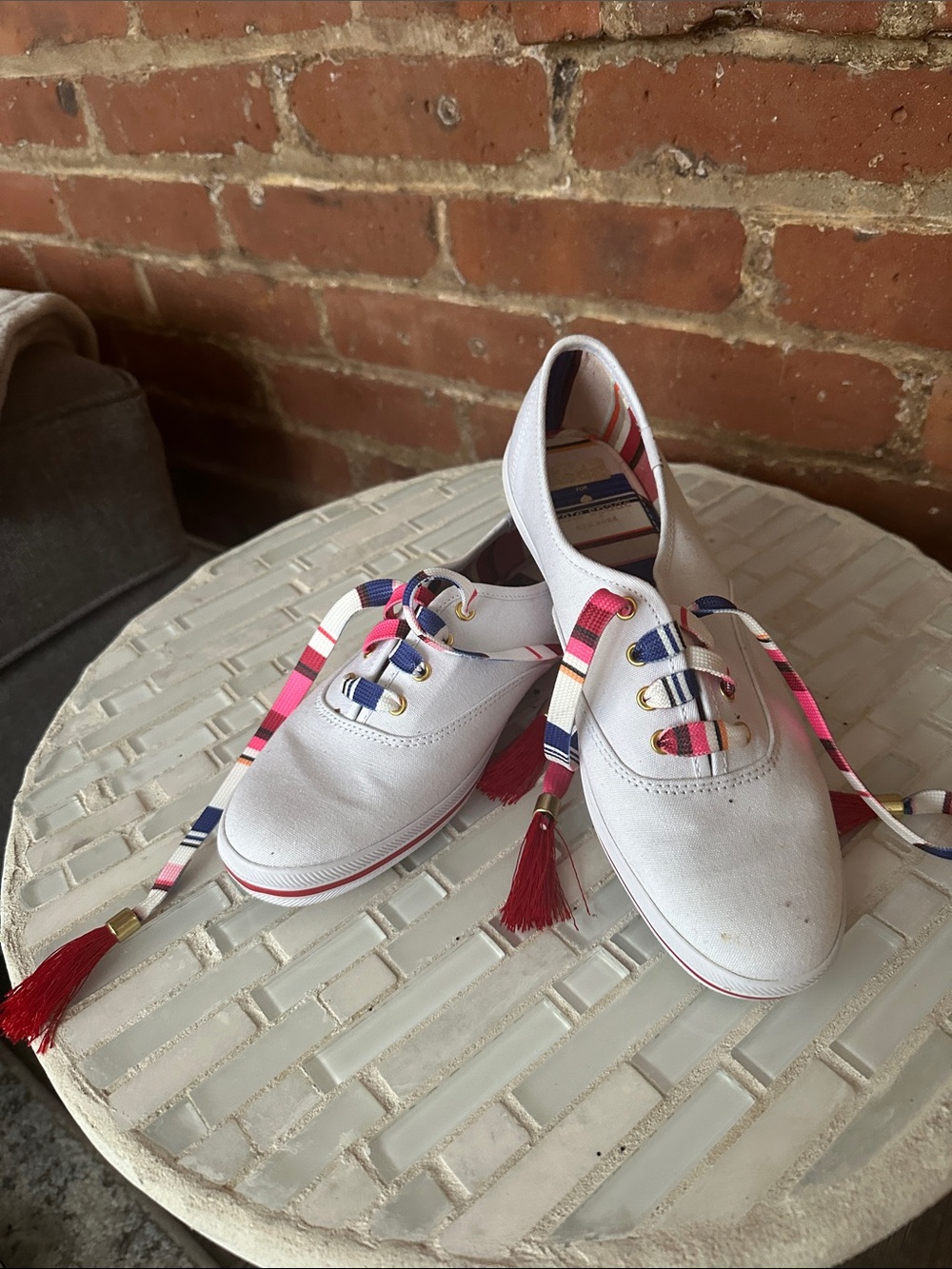 Keds  White Canvas Sneakers with Pink & Navy Striped Laces